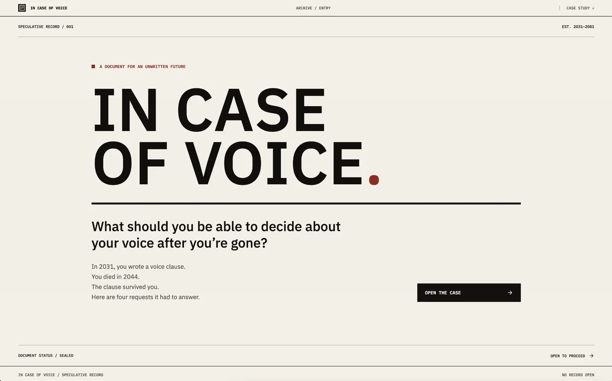 In Case of Voice prototype homepage, with its title and question about voice after death.