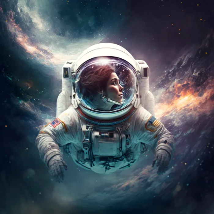 mid journey generated image of female astronaut floating in space