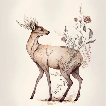 A beautiful illustration of a deer with flower around it.